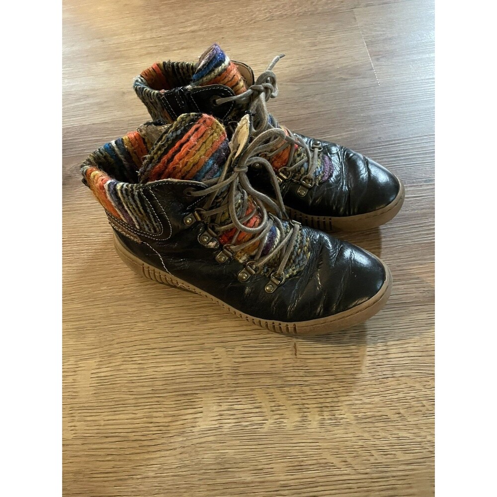 Josef Seibel Sienna 73 Black Leather Knit Collar Ankle Boots Women 37 US 6.5